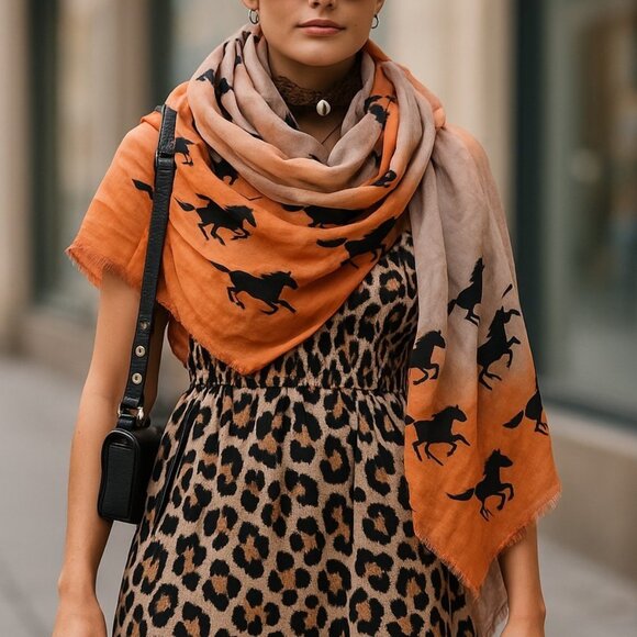 VINTAGE EQUESTRIAN Oversized Wrap Scarf Throw Cover Up Ombre Horses Stallions - Picture 15 of 15